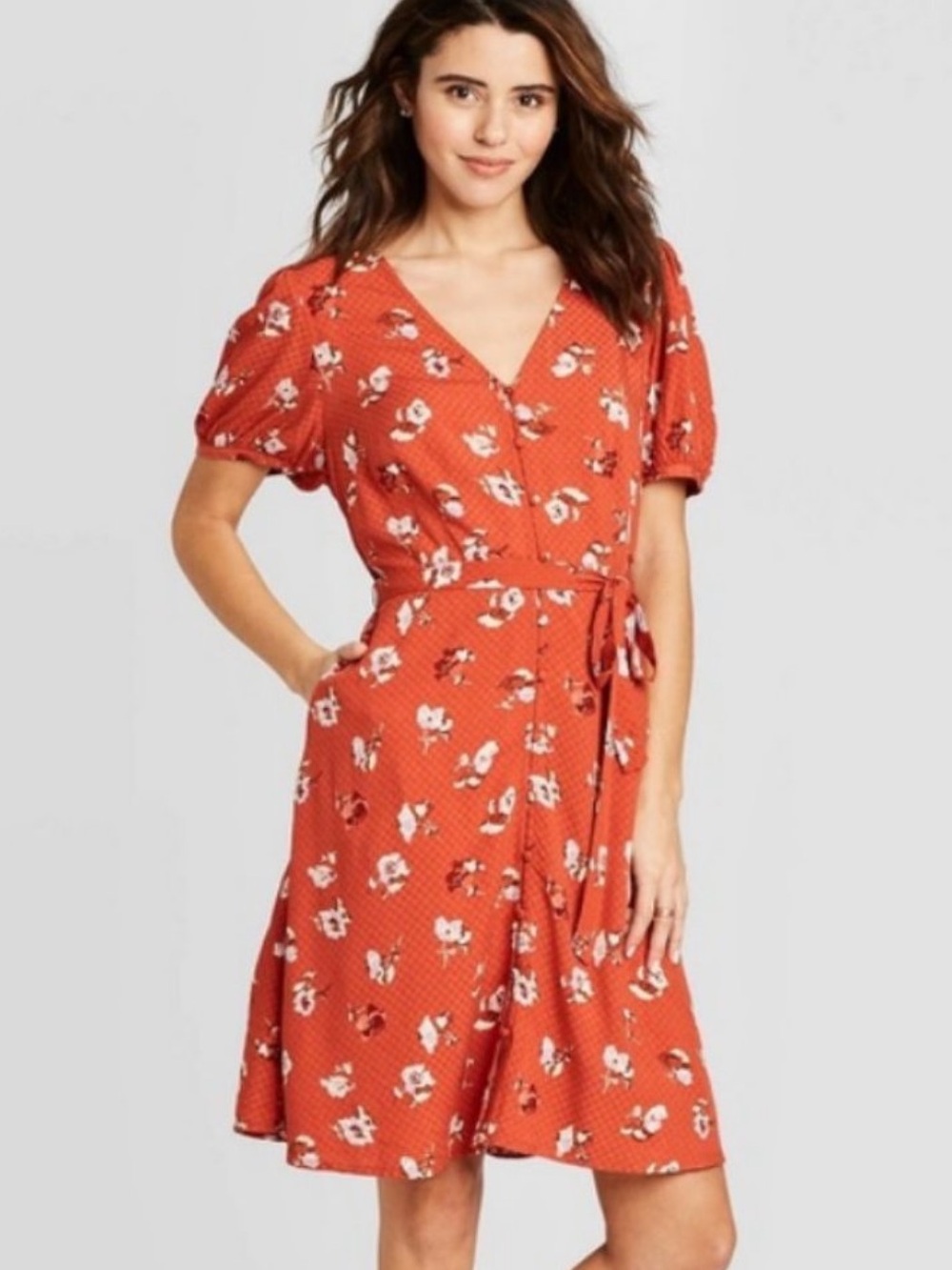 Universal Thread S Rusty Floral Mini Dress Tie Waist pockets boho cottage retro